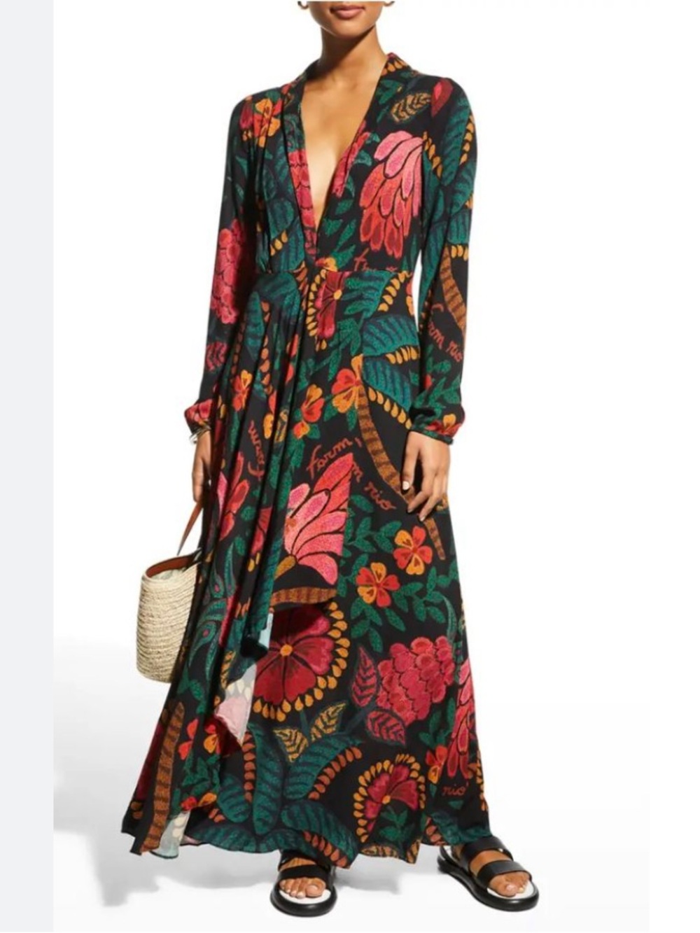 FARM RIO Black Flowerdoscopic Maxi Dress Size Medium Pink Green Plunging Neck